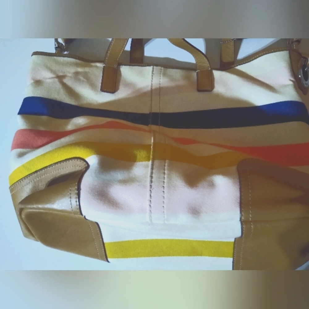 Coach Striped Canvas Brown Leather Purse Tote  M1382-F30041